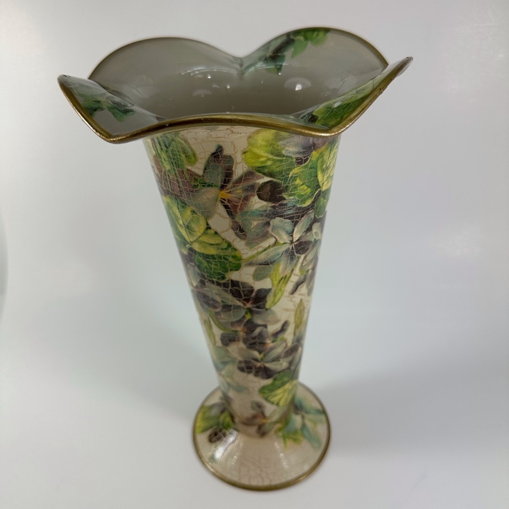 E. Dean Designs Decoupage Green Floral Glass Vase 11” Tall Handmade USA - Picture 5 of 6